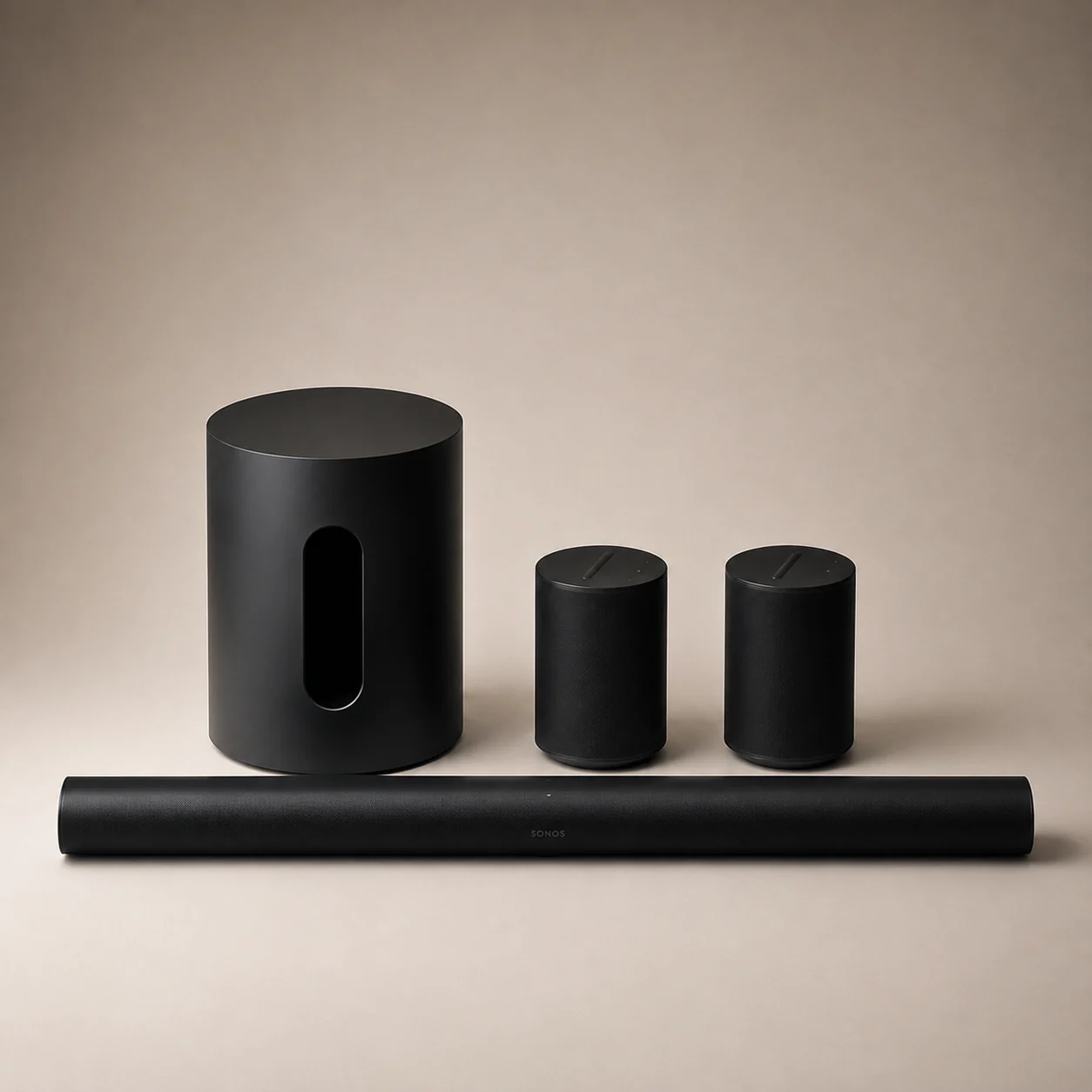 Representative Sonos home cinema package with Arc Ultra, Sub Mini and two Era 100 speakers